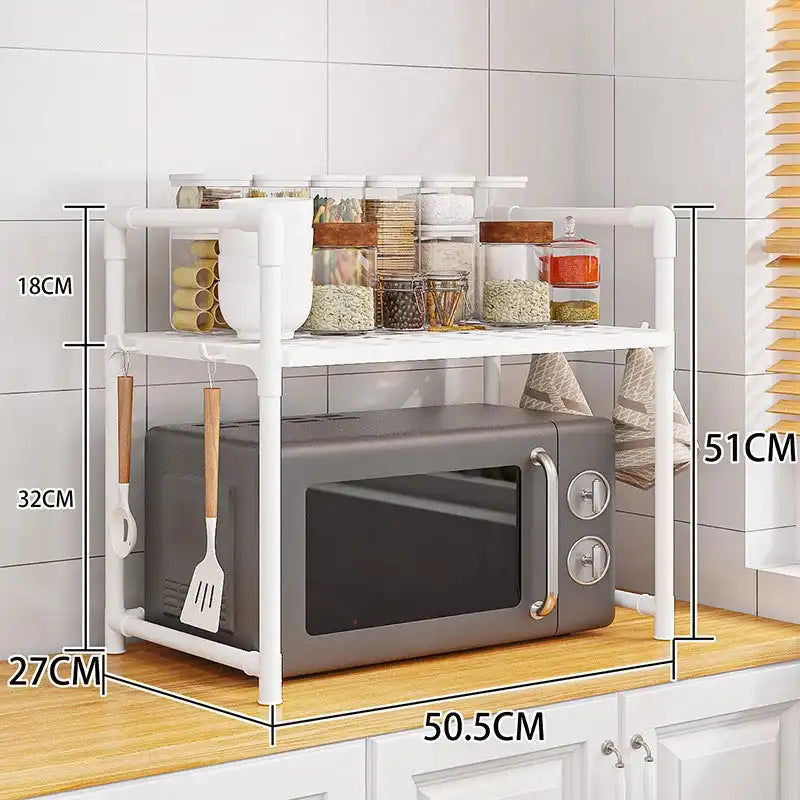 White multi-layer kitchen storage rack with microwave shelf and condiment organizer, 51cm tall, ideal for countertop tidying.