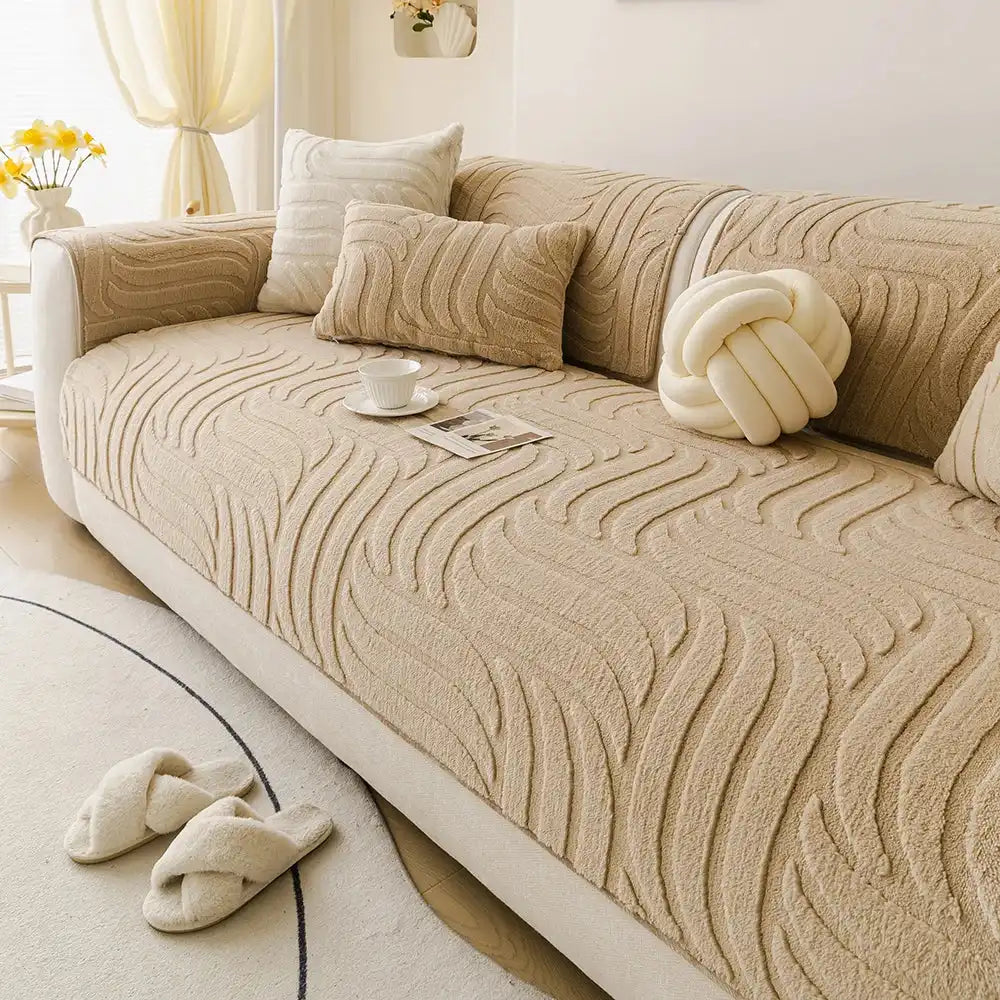 Beige plush sofa cushion protector enhancing a stylish sofa