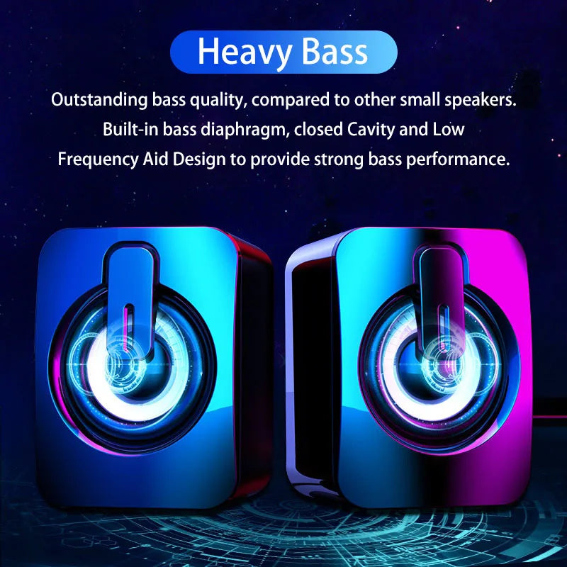 Heavy bass computer speakers with LED lights, featuring built-in bass diaphragm and closed cavity for enhanced audio.