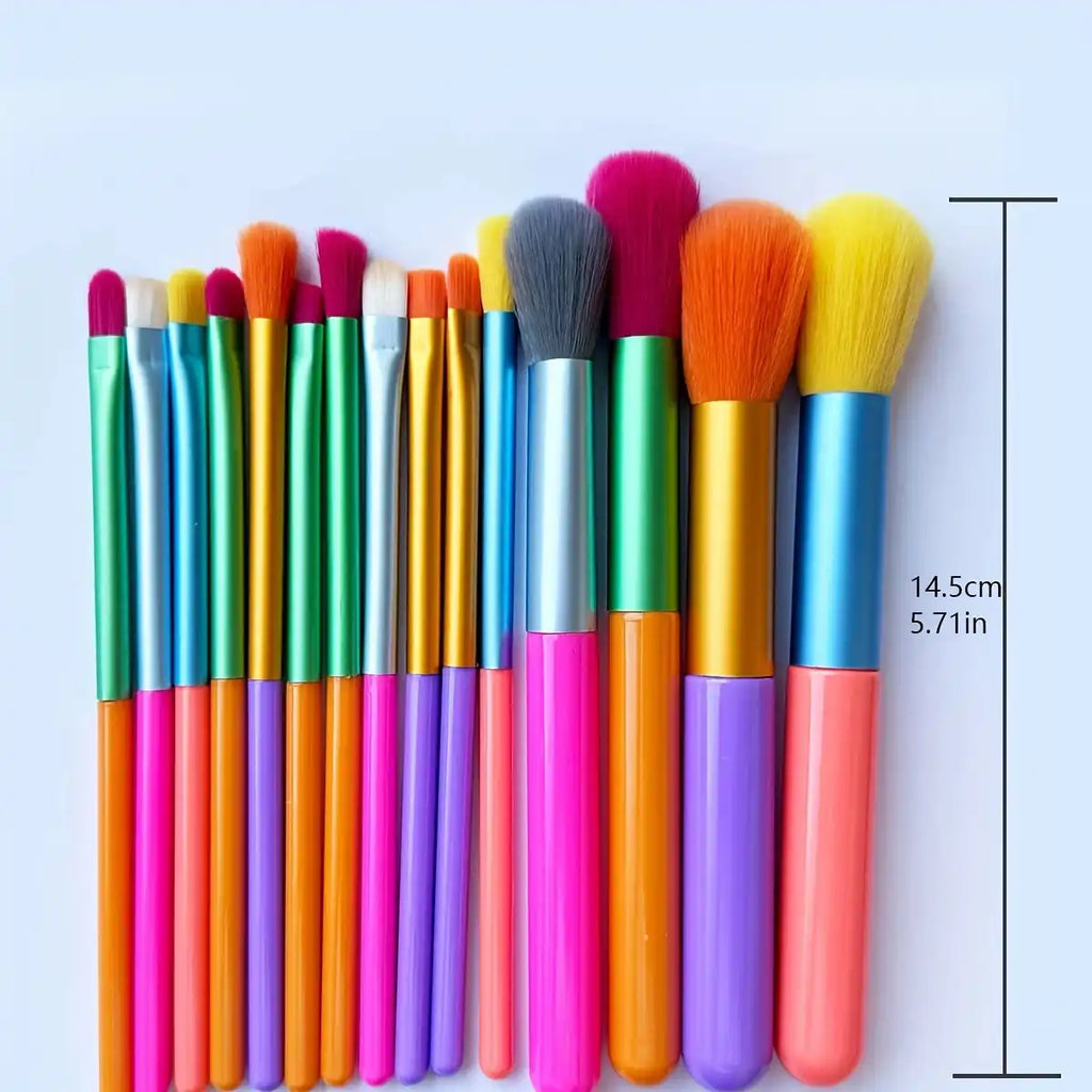 Makeup Brushes 15Pcs Colourful Set displayed with size reference of 14.5cm, includes tools for blush, concealer, and eye shadow application.