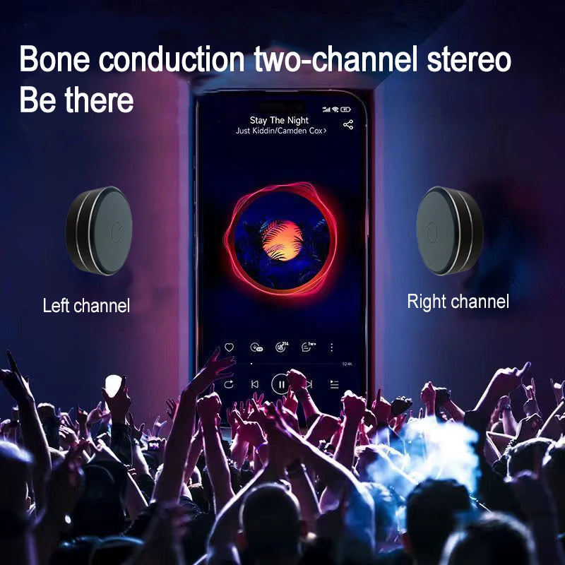 Bone conduction wireless speakers mounted on walls for two-channel stereo sound, enhancing immersive music experience with resonance audio.