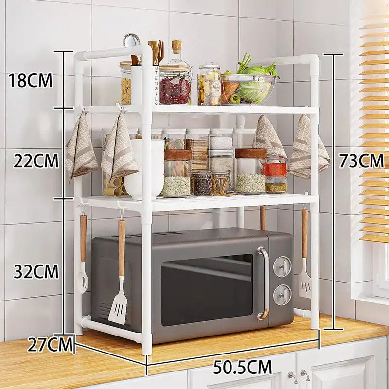 White 3-tier microwave shelf kitchen storage rack with condiment organizer, 73cm tall, includes hanging hooks and multi-layered space.