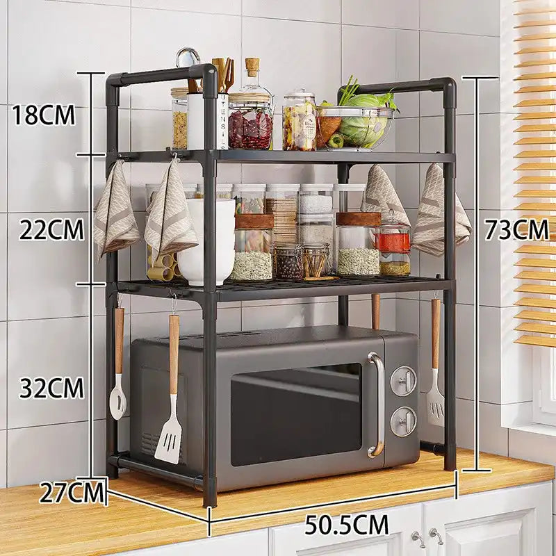 Black 3-tier kitchen storage rack with microwave shelf and spice organizer, 73cm tall, featuring utensil hooks and heat-dissipating design.