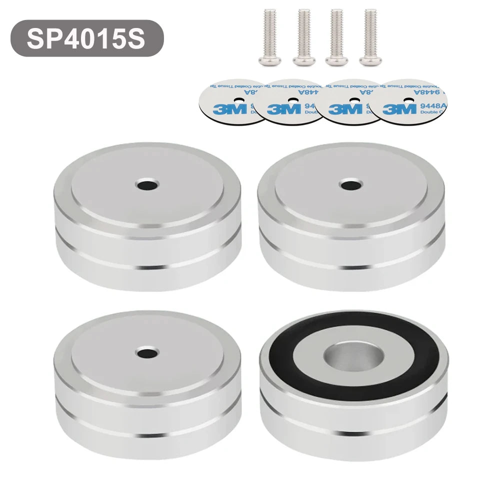 SP4015S silver aluminum amplifier supports with rubber rings and 3M adhesive, designed to stabilize speakers and improve audio clarity.