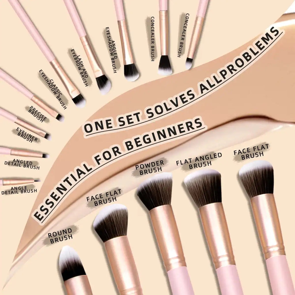 Labeled makeup brushes from the 25-piece professional set, including powder, angled, and concealer brushes for beginner-friendly use.
