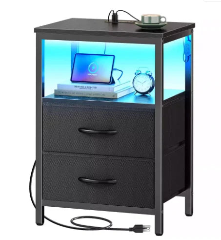 Night Stand Charging Station LED Nightstand Usb Ports Outlets 2 Storage Drawers Small Bedside Table Black Aesthetic Modern Novacare Shop