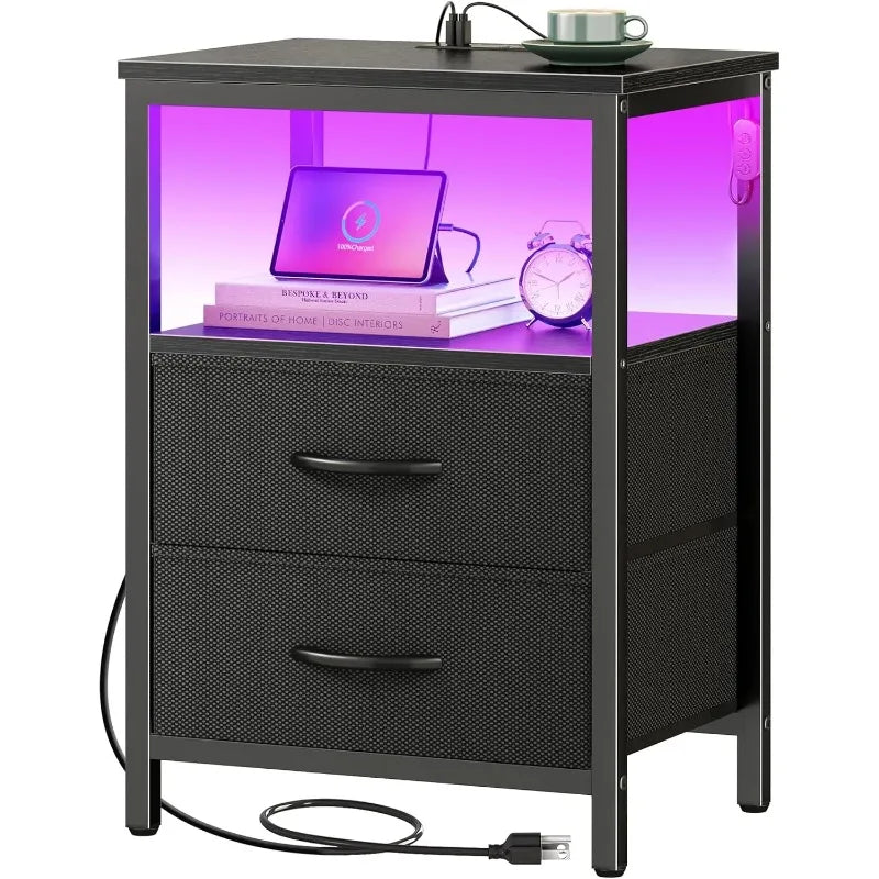 Night Stand Charging Station LED Nightstand Usb Ports Outlets 2 Storage Drawers Small Bedside Table Black Aesthetic Modern Novacare Shop