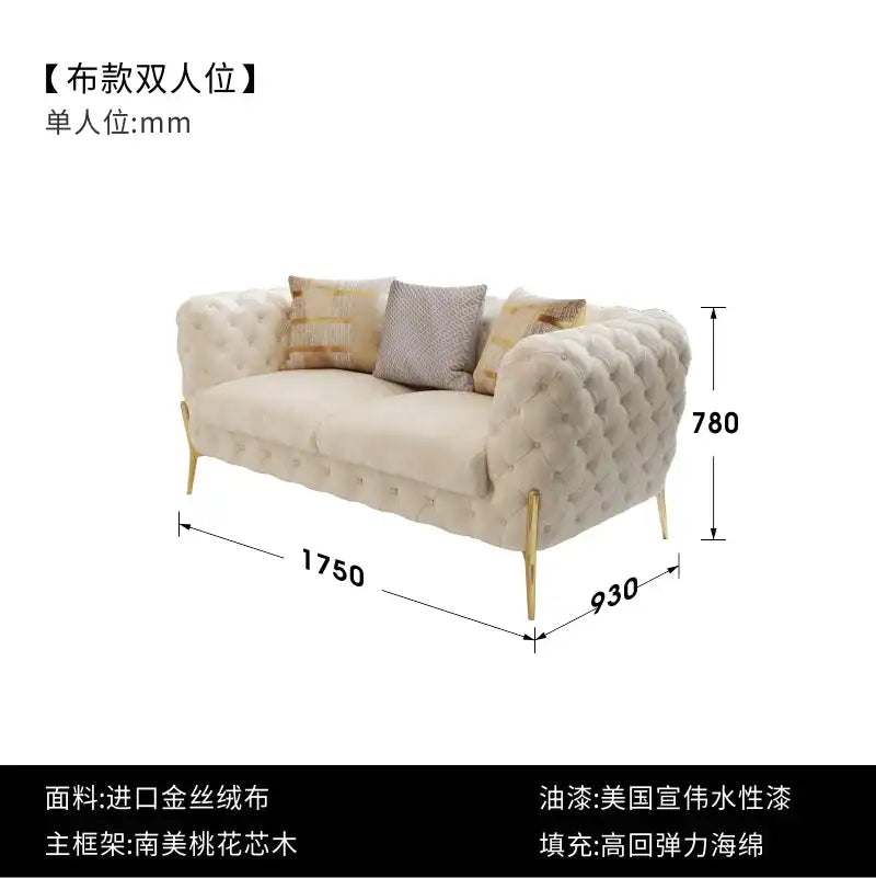 Comfortable cushion sofa leather modern luxury romantic sofas with tufted backrest, gold legs, and soft pillows, ideal for relaxing children arm divani da soggiorno house accessories. Dimensions: 1750mm length, 930mm depth, 780mm height.