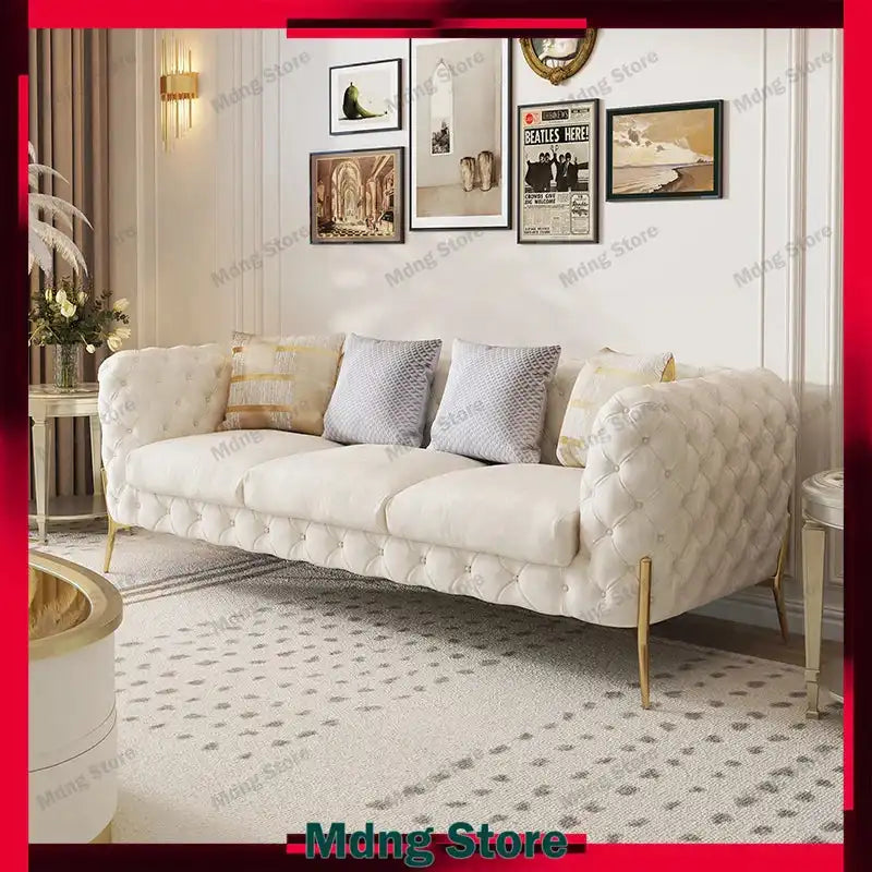 Comfortable cushion sofa leather modern luxury romantic sofas with tufted backrest and gold legs, ideal for relaxing in stylish living rooms.