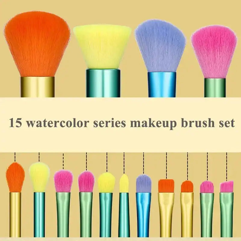 Makeup Brushes 15Pcs Colourful Makeup Brush Set with wool fiber bristles and plastic handles in vibrant colors for foundation, contour, and eyeshadow.