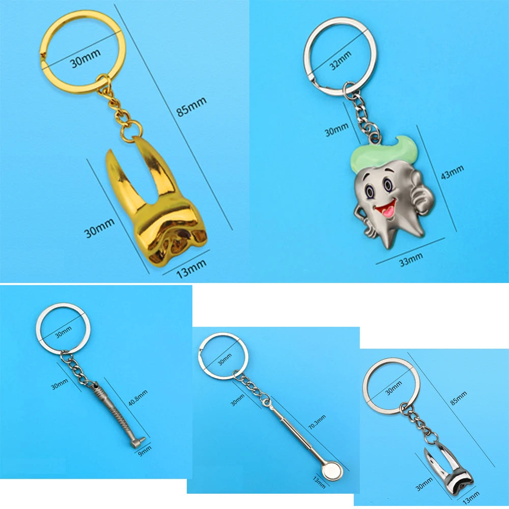 Detailed measurements of five dentist-themed keychains including cartoon tooth, dental mirror, and molar charms in gold and silver.