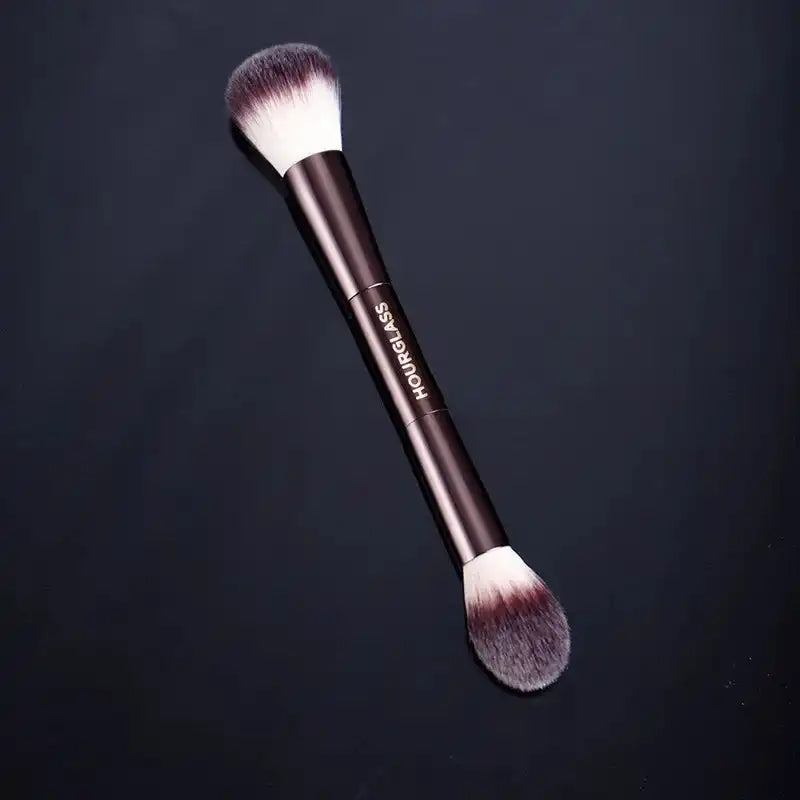 Full view of the double-head makeup brush with exquisite metal handle, perfect for blush and loose powder use.