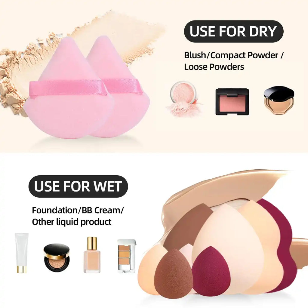 Makeup sponges and powder puffs from the 25-piece set, labeled for dry use with powders and wet use with foundation or BB cream.