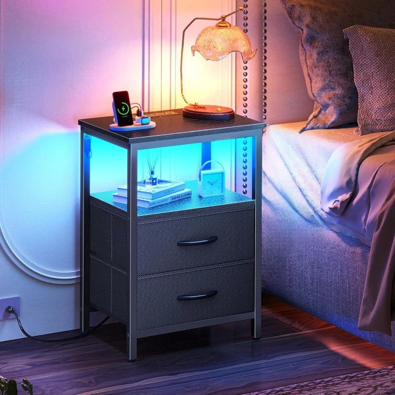 Night Stand Charging Station LED Nightstand Usb Ports Outlets 2 Storage Drawers Small Bedside Table Black Aesthetic Modern Novacare Shop