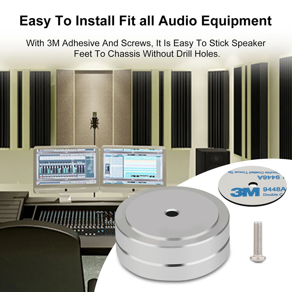 Silver speaker isolation foot shown with 3M adhesive and screw, suitable for all audio equipment without the need for drilling holes.