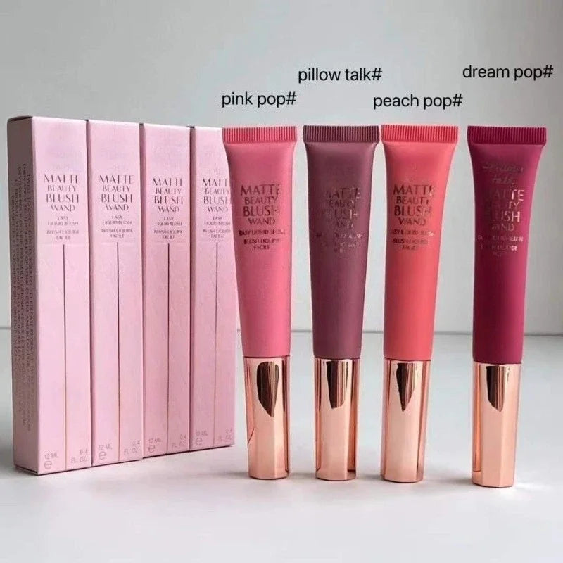 NEW MAKE UP TOOL MAKE UP blusher beauty blush set with four matte blush wands in pink, peach, mauve, and red shades with rose gold caps.