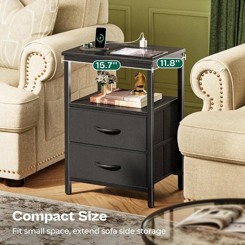 Night Stand Charging Station LED Nightstand Usb Ports Outlets 2 Storage Drawers Small Bedside Table Black Aesthetic Modern Novacare Shop