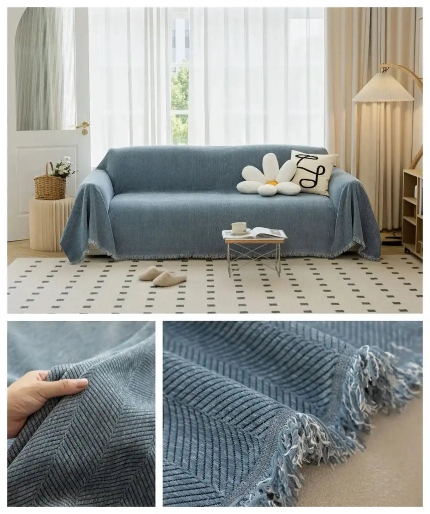 Blue solid sofa towel cover with textured knit and tassel edge, non-slip and machine washable for recliners, loveseats, or futon sofas.