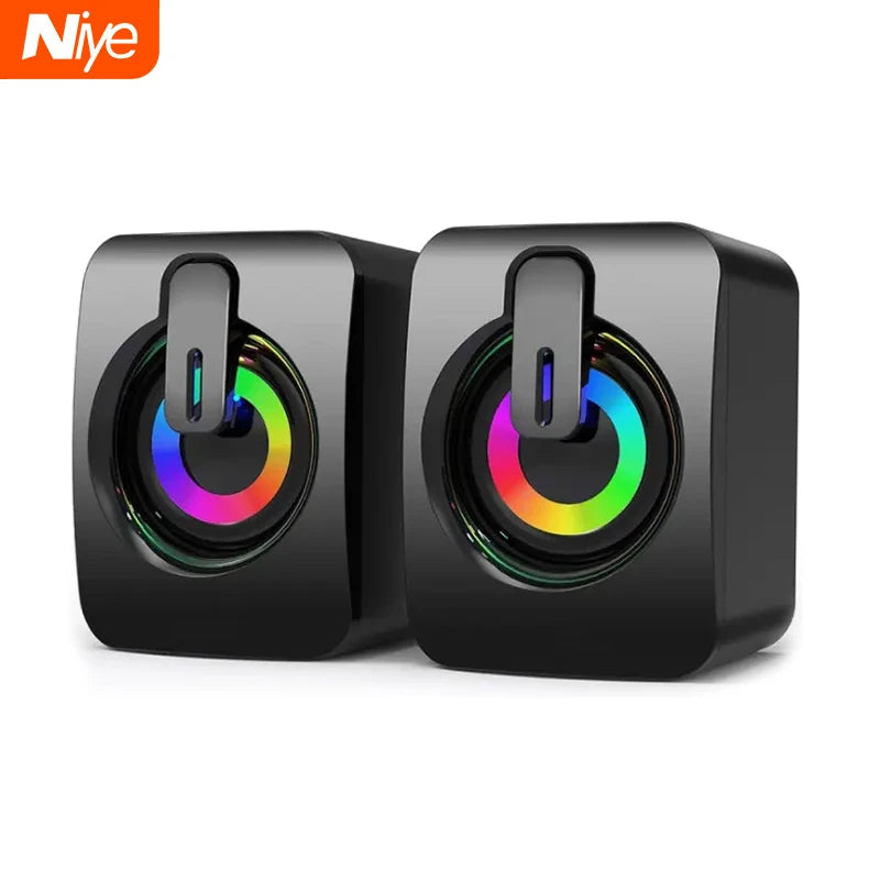Compact black computer speakers with LED light rings, USB wired HIFI stereo sound box for desktop PC setup.