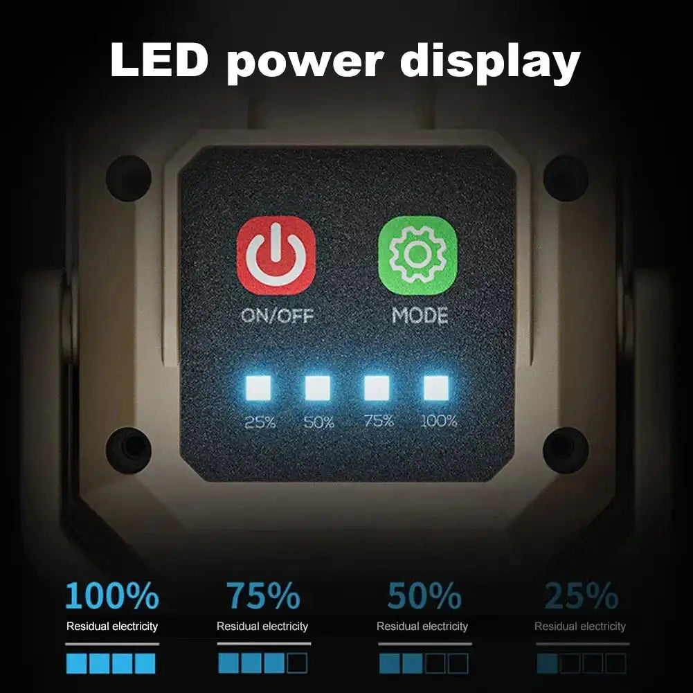 LED power display panel with on/off and mode buttons, showing battery level indicators