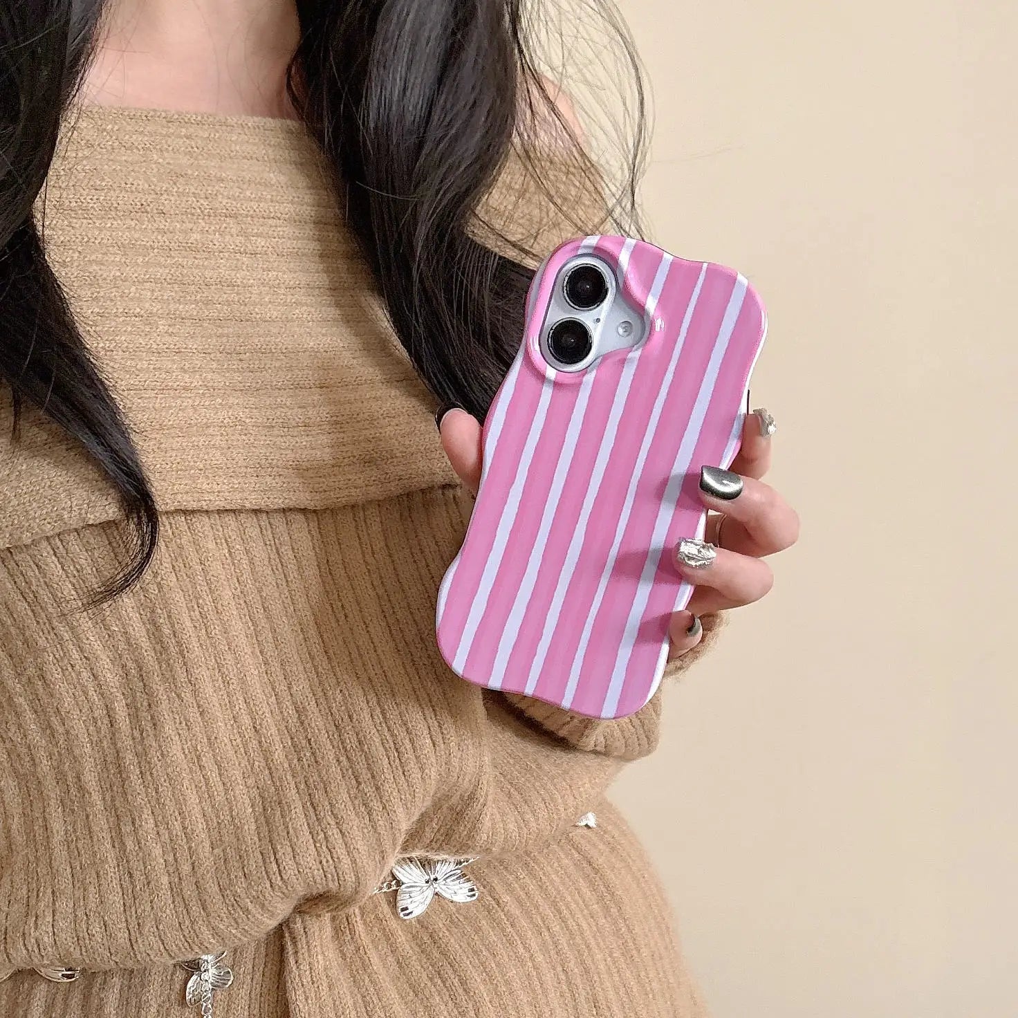 Fashion 2 in 1 Glossy Stripes Phone Case for iPhone 13 14 15 16 Pro Max Wave Edges Comfortable Touch Hard Slim Back Cover Shell beyutihealth