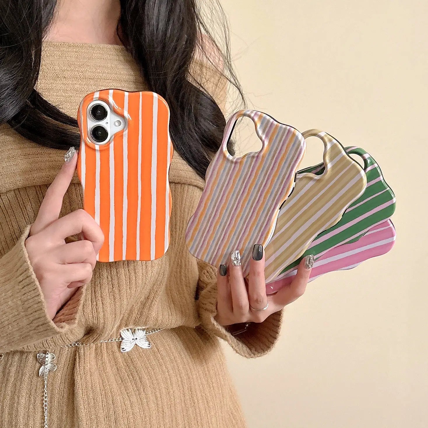 Fashion 2 in 1 Glossy Stripes Phone Case for iPhone 13 14 15 16 Pro Max Wave Edges Comfortable Touch Hard Slim Back Cover Shell beyutihealth