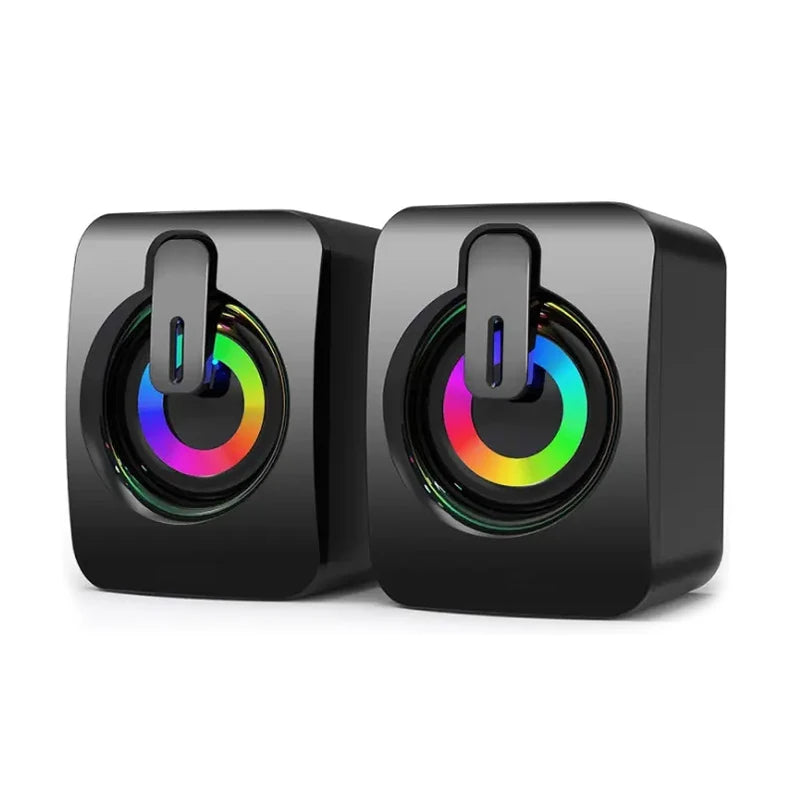 Compact black Computer Speakers PC Sound Box with colorful LED light rings, ideal for desktop computer audio setup with USB wired connection.