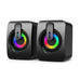 Compact black Computer Speakers PC Sound Box with colorful LED light rings, ideal for desktop computer audio setup with USB wired connection.