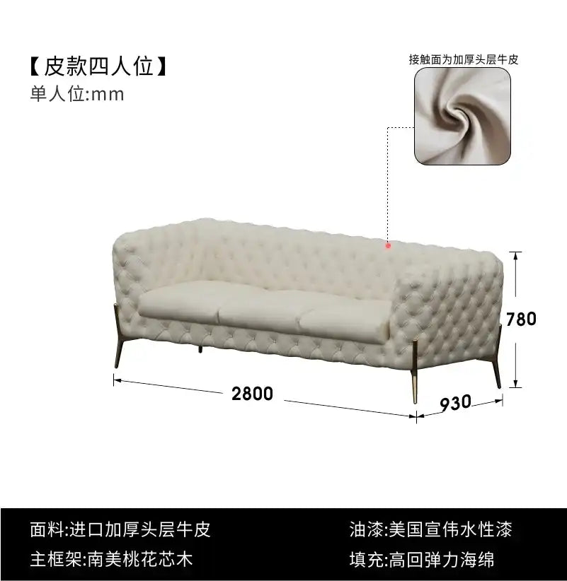 Modern Luxury Leather Sofa with tufted design, gold legs, and plush pillows