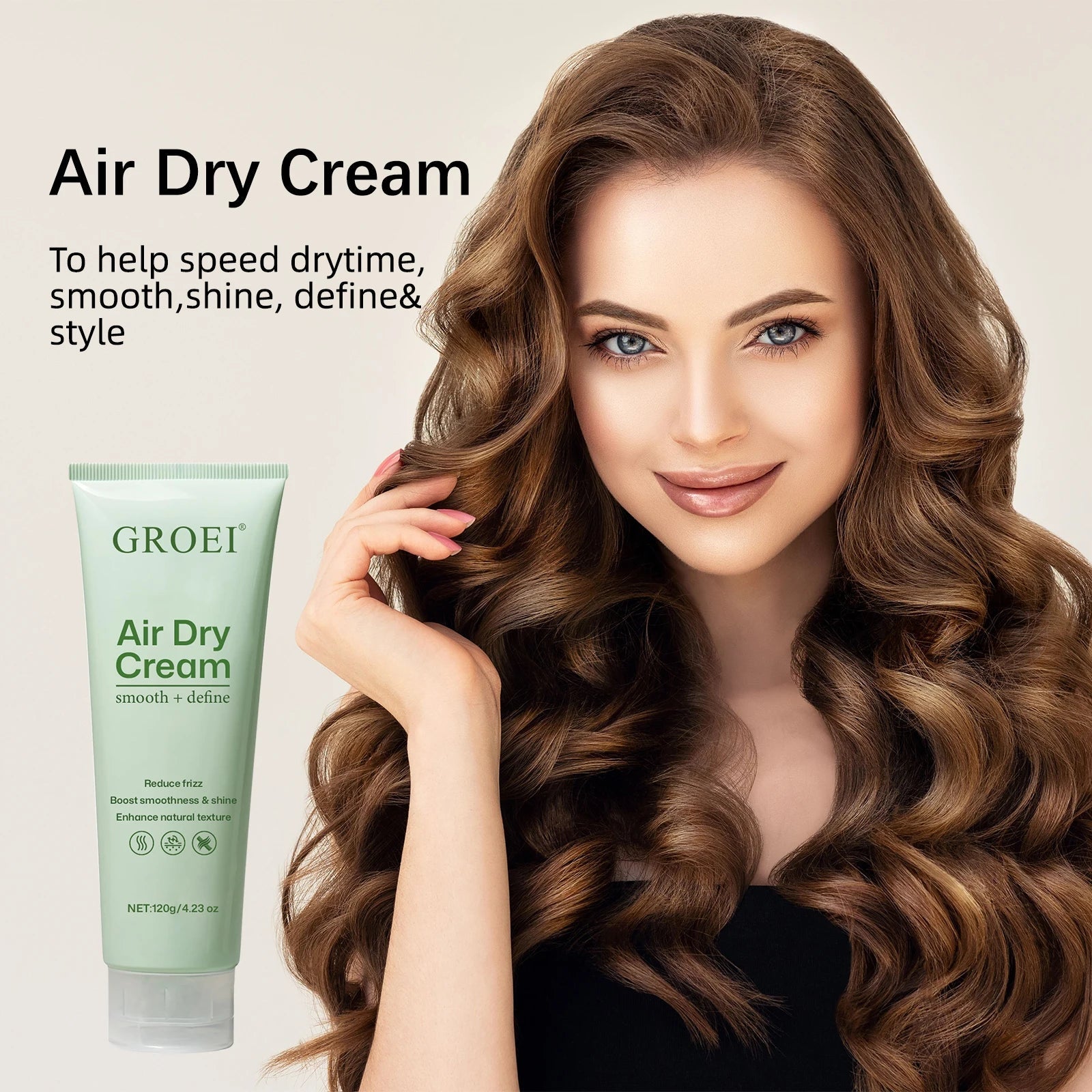 Hair Styling Cream tube with model's wavy hair