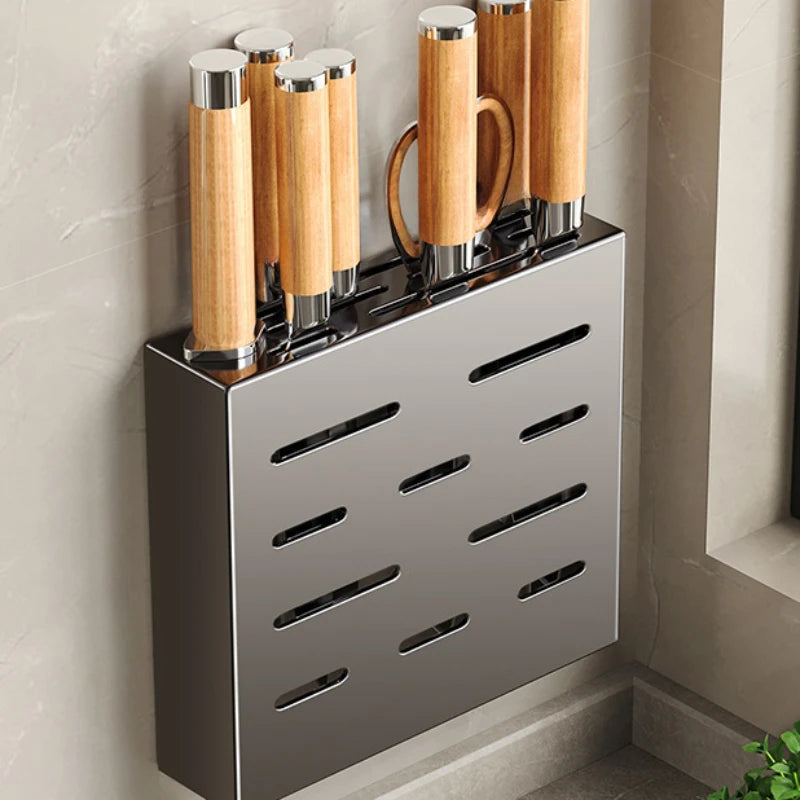 Wall-mounted knife storage box with wooden knife holder and metal organizer for kitchen accessories