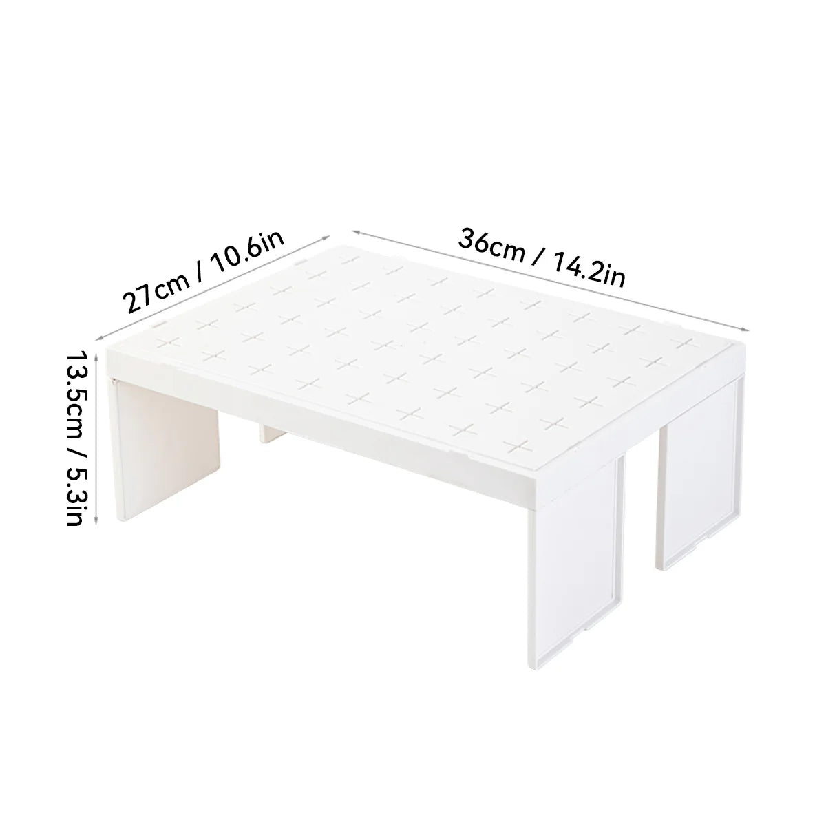 White plastic kitchen storage rack with dimensions