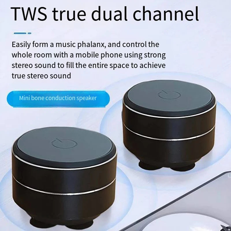 Mini bone conduction wireless speakers with TWS true dual channel feature, designed for full-range stereo sound and portable use.