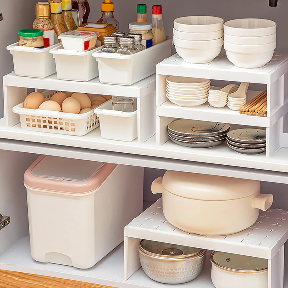 Stackable plastic storage rack for kitchen organization
