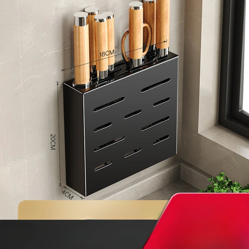 Wall-mounted black metal knife storage box with wooden knife holders