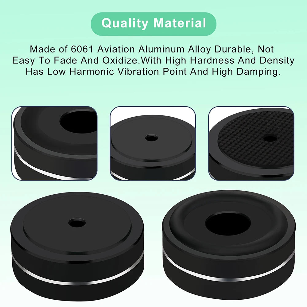 Black aluminum speaker feet made from 6061 aviation alloy, featuring high damping and vibration resistance for superior audio performance.