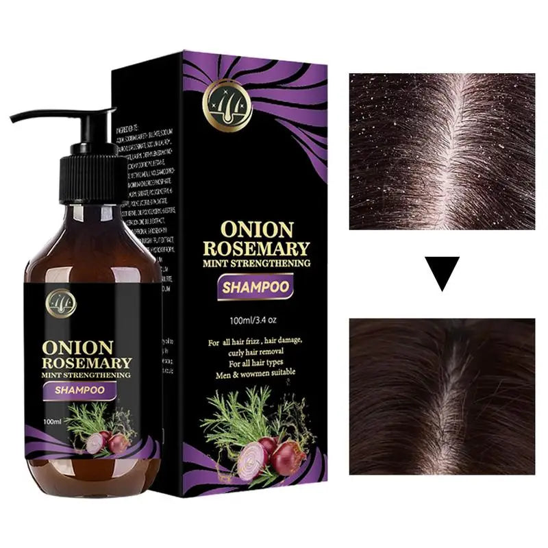 Onion rosemary mint strengthening shampoo bottle with black and purple packaging