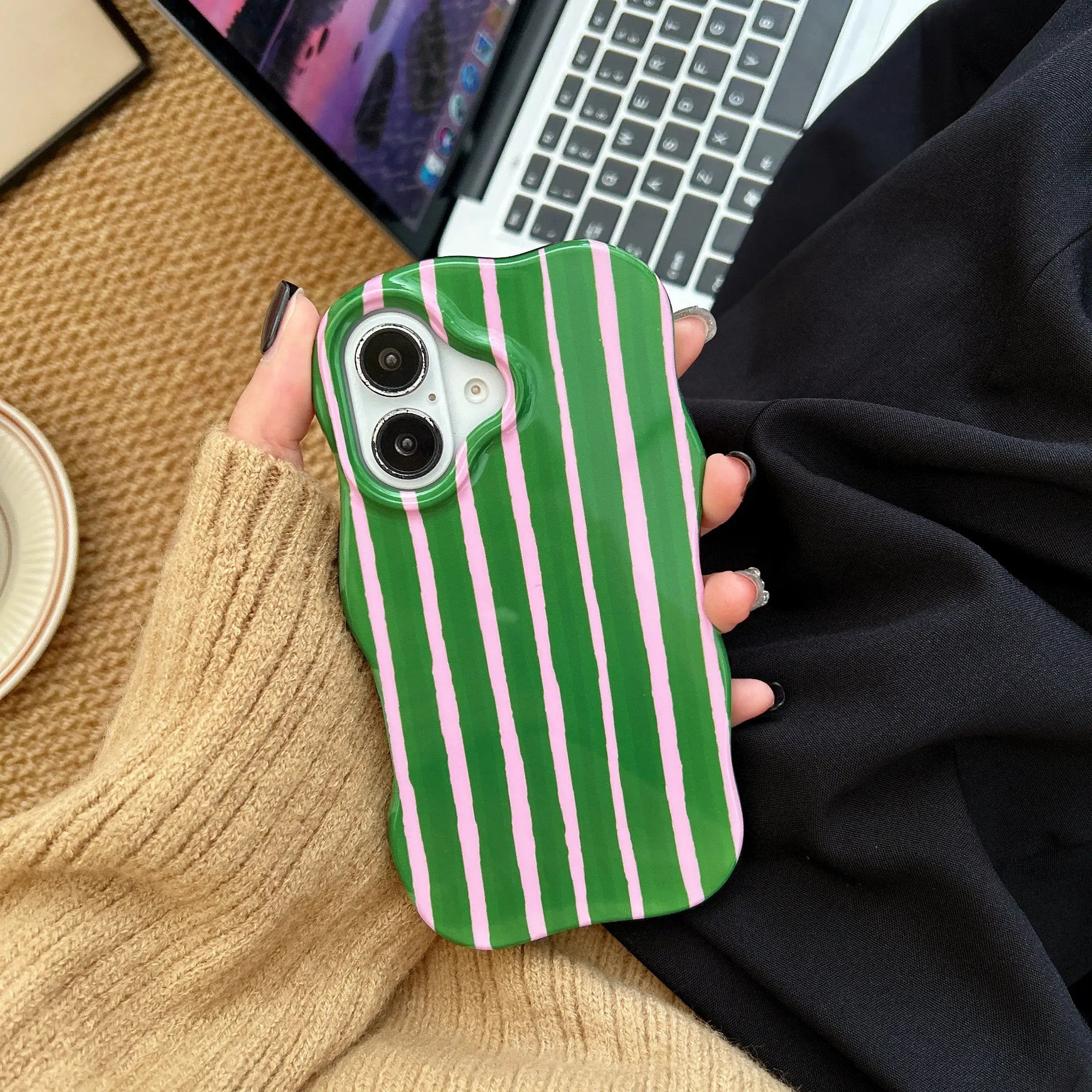 Fashion 2 in 1 Glossy Stripes Phone Case for iPhone 13 14 15 16 Pro Max Wave Edges Comfortable Touch Hard Slim Back Cover Shell beyutihealth