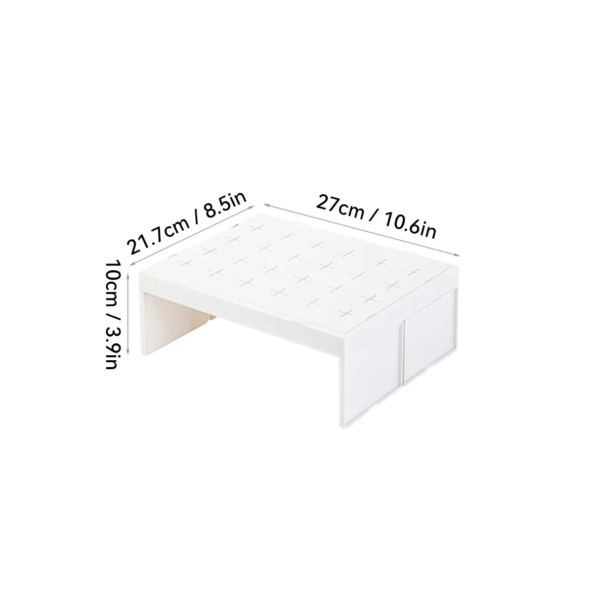 White stackable kitchen storage rack with dimensions