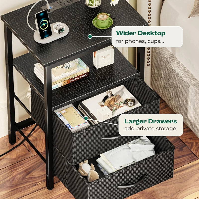Night Stand Charging Station LED Nightstand Usb Ports Outlets 2 Storage Drawers Small Bedside Table Black Aesthetic Modern Novacare Shop