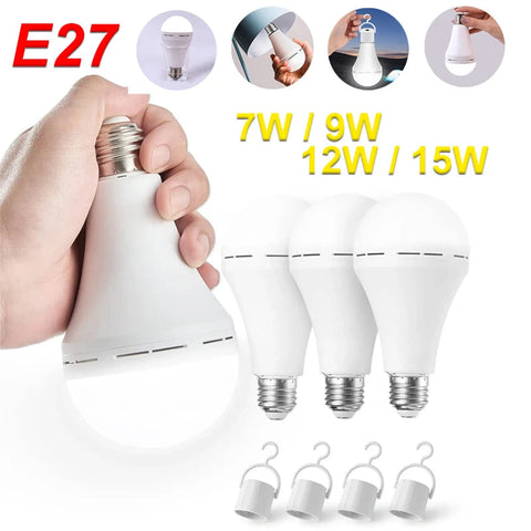 LED Rechargeable Light Bulb set with various wattages and hooks