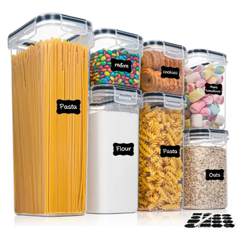 Kitchen 7pcs Food Containers Set BPA Free Plastic Airtight Storage Box filled with pasta, flour, oats, and snacks, includes labels and pen.