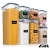 Kitchen 7pcs Food Containers Set BPA Free Plastic Airtight Storage Box filled with pasta, flour, oats, and snacks, includes labels and pen.