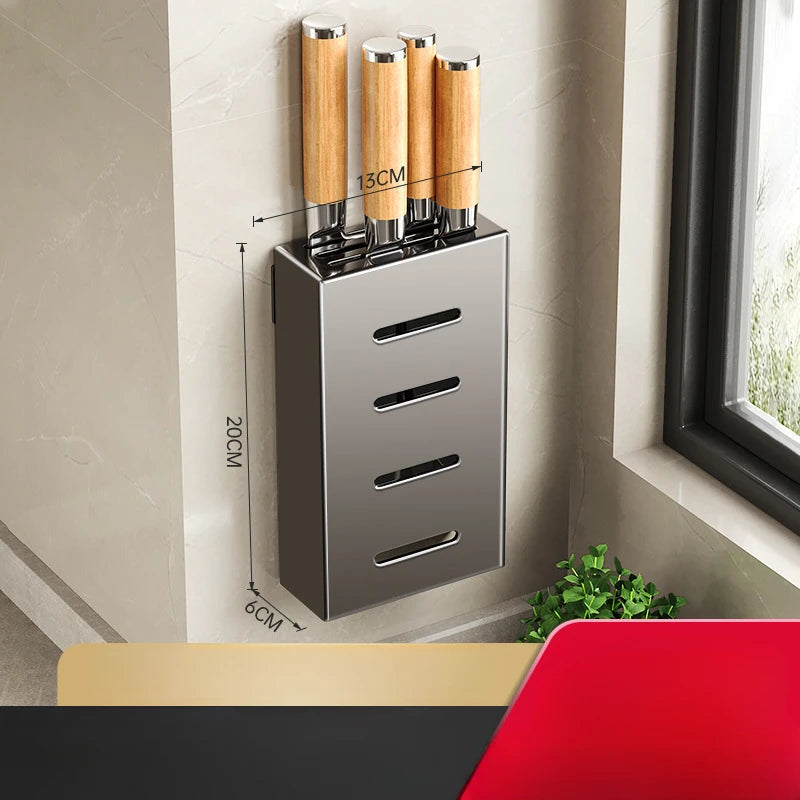 Wall-mounted stainless steel knife storage box with wooden knife handles