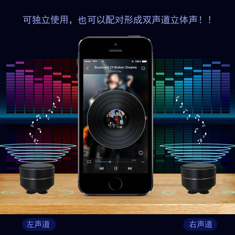 TWS hi-fi bone conduction speakers paired with smartphone for stereo sound, showcasing left and right channel setup for immersive audio.