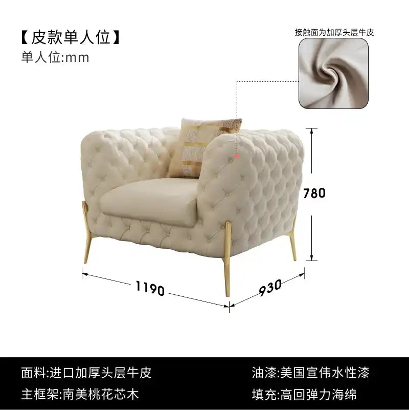 Modern Luxury Leather Sofa with tufted design, gold legs, and plush pillows