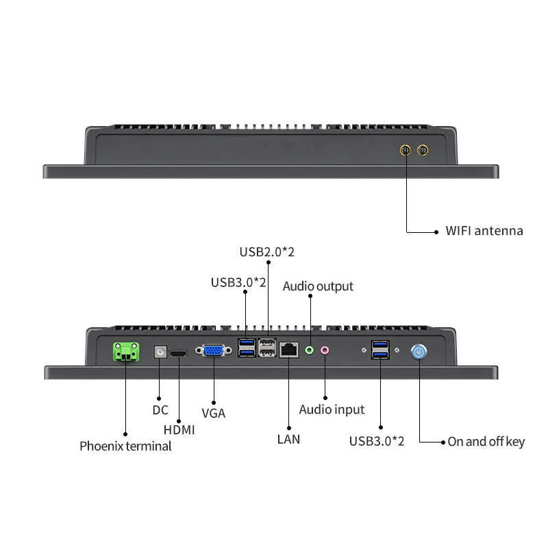 Side view of 15.6 inch all-in-one capacitive touch screen PC with WiFi antenna ports