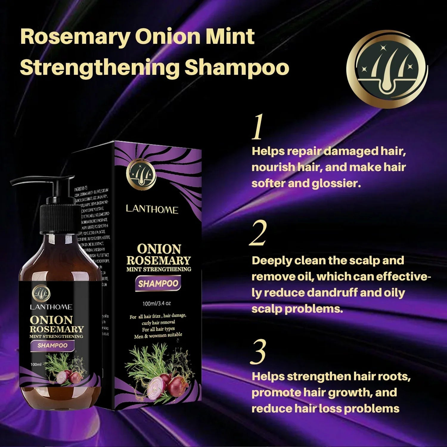 Rosemary Onion Mint Hair Growth Shampoo bottle and packaging for thickening and cleansing