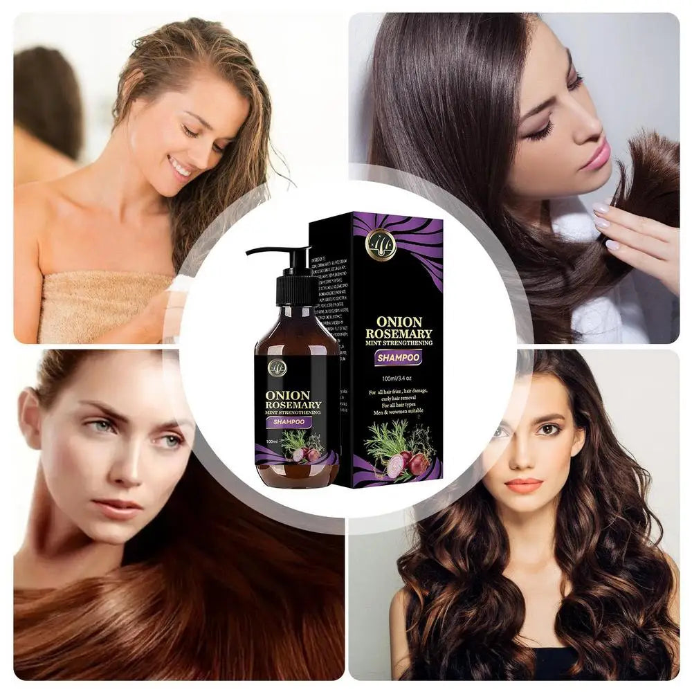 Hair growth shampoo bottle with onion and rosemary ingredients