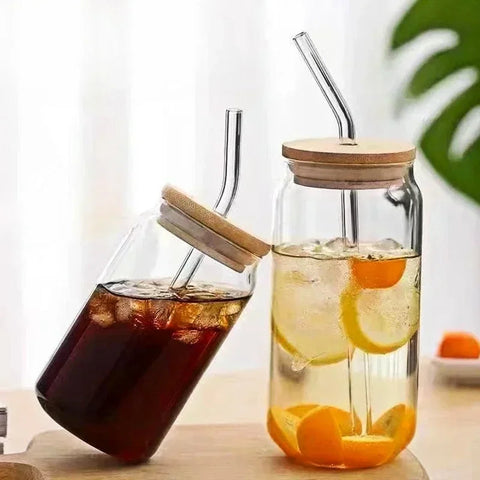 350ml/550ml Glass Cup Cola Cold Drink Water Cup with Bamboo Lid Coffee Milk Juice Straw Mug Beer Can Drink Home Breakfast Cup beyutihealth